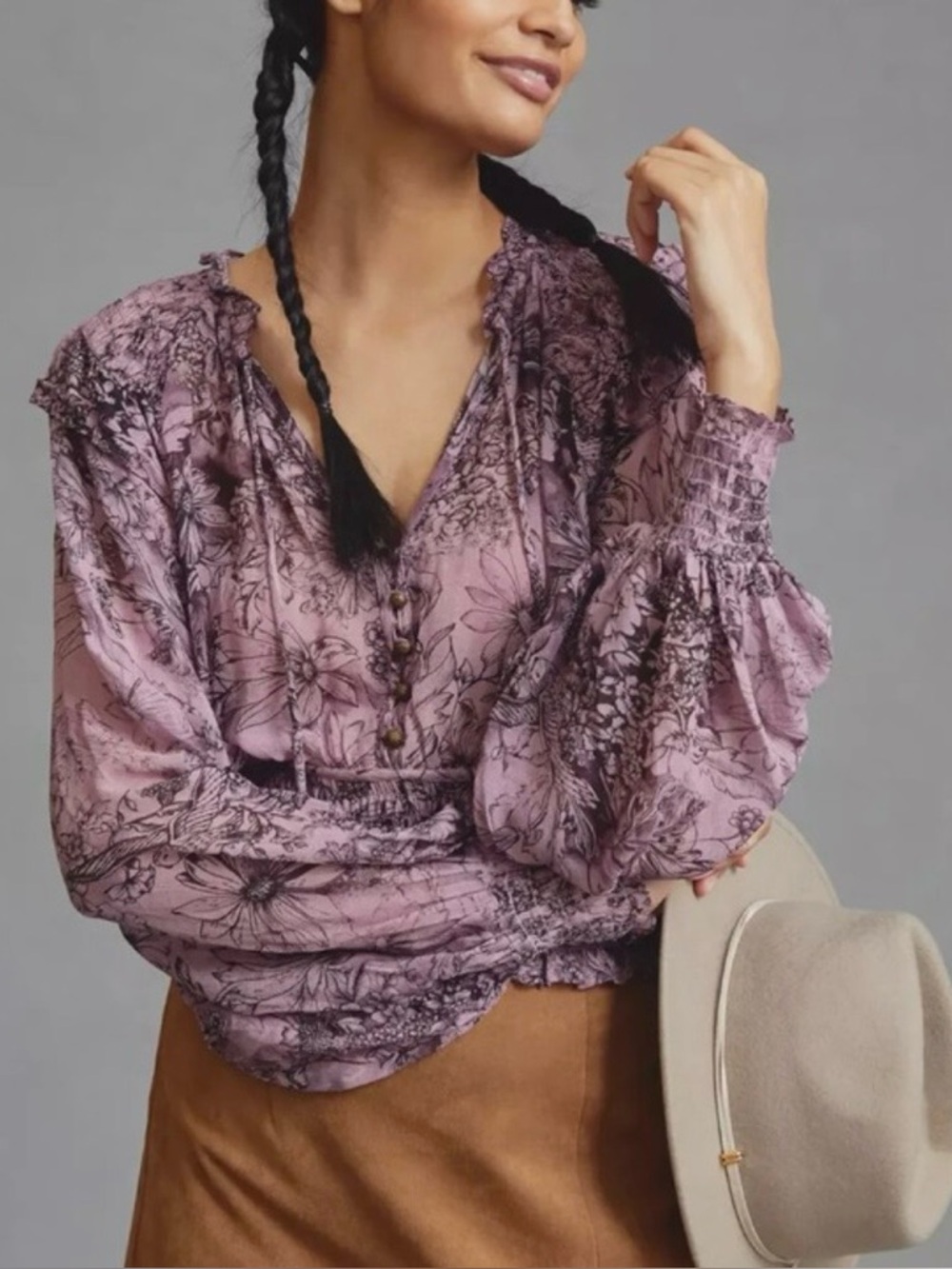 Anthropologie Lavender Floral Print Peasant Blouse
